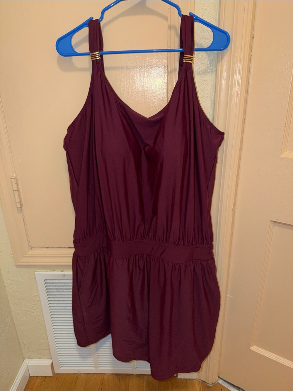 BloomChic Burgundy One-Piece Swim Romper with Pockets & Gold-Tone Strap Accents